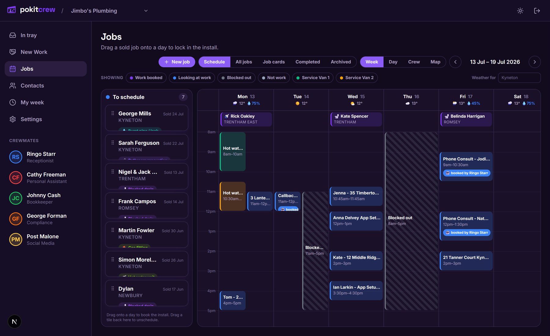 Jobs — drag it onto a day and it's booked